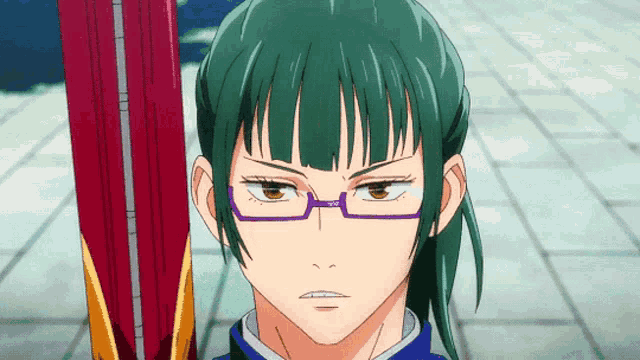 a girl with green hair and glasses is holding a sword in her hand