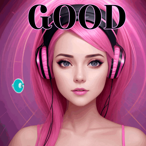 a woman with pink hair wearing headphones with the word good above her