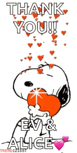 snoopy is holding a heart in his hand and saying `` thank you ! ''