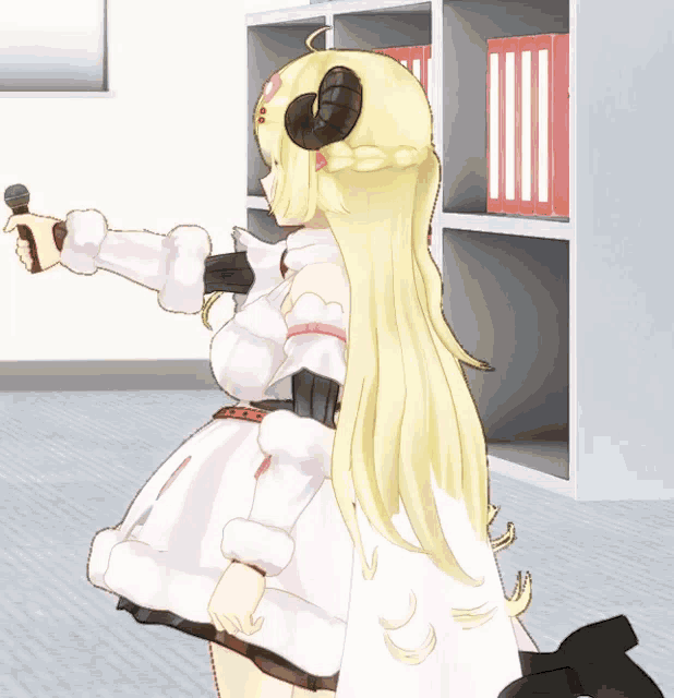 a girl with horns is holding a microphone