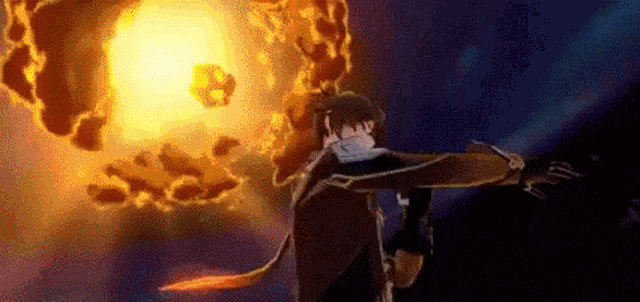 a man in a suit is standing in front of a large fireball in a video game .