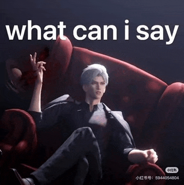 a man is sitting on a red couch with the words `` what can i say '' written on it .