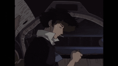 cowboy bebop smoking a cigarette in a car
