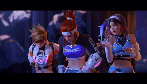 a group of female video game characters are standing next to each other in a room .