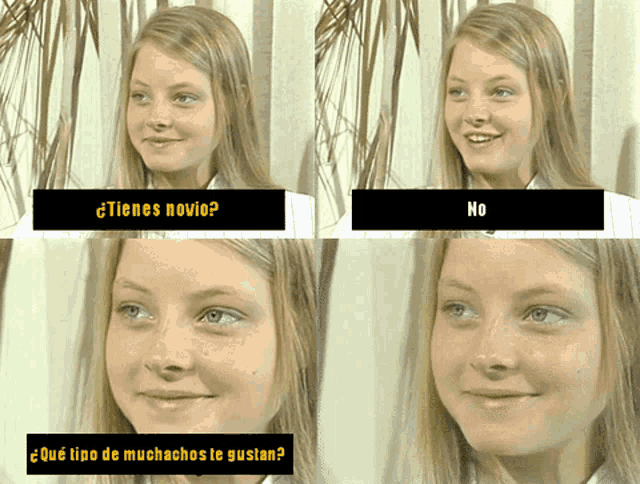 a collage of four pictures of a girl with the words " tienes novio " on the top