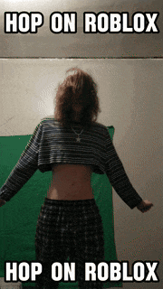 a girl in a crop top and plaid pants is standing in front of a green screen with the words hop on roblox above her