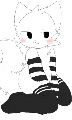 a black and white drawing of a cat wearing striped knee high socks