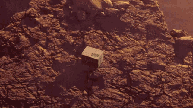 a cube with the letter n on it sits in the middle of a rocky area