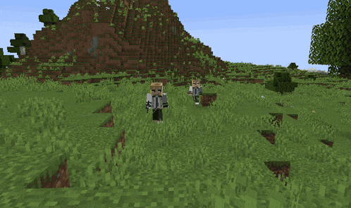 a couple of minecraft characters standing in a field