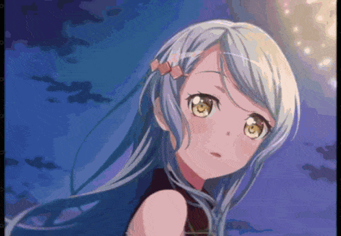 a girl with long blue hair and yellow eyes is looking down