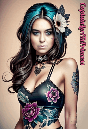 a woman with blue hair has a flower in her hair and the word captured on the bottom left