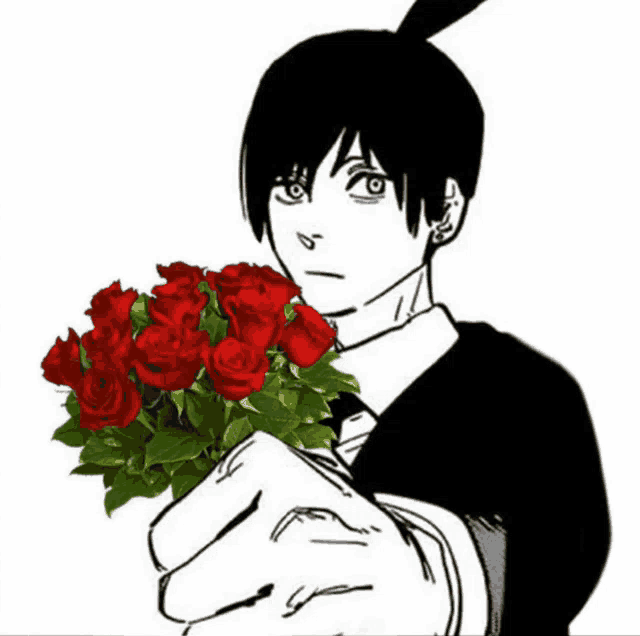 a black and white drawing of a man holding a bouquet of red roses in his hand .