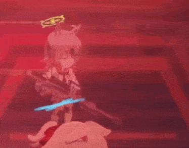 a cartoon character is holding a gun and a sword in a video game .