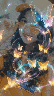 a woman wearing a hat and sunglasses is surrounded by butterflies