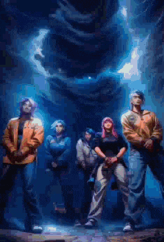 a group of people are standing next to each other in front of a blue sky .