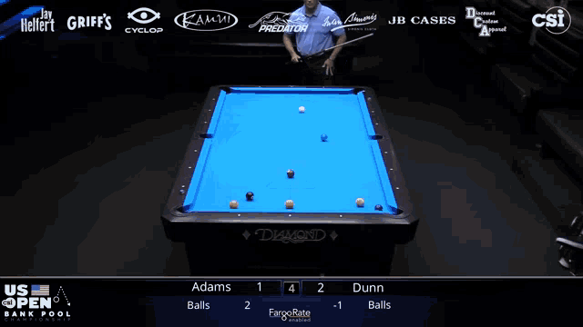 a pool table with a blue cloth and a man holding a cue