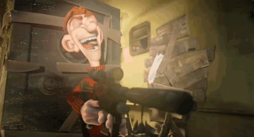 a cartoon of a man holding a gun in front of a safe
