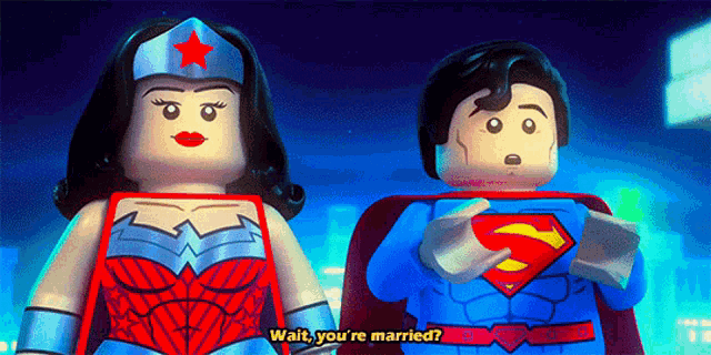 wonder woman and superman are standing next to each other and wonder woman is asking superman if he is married