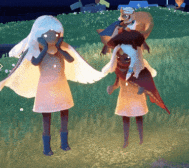 a girl with white hair is standing in the grass with a fox on her back