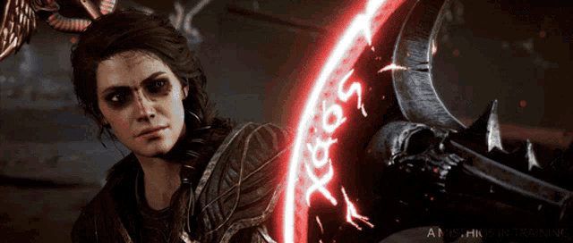 a woman in a video game is holding a sword with a red circle around it that says xeron on it