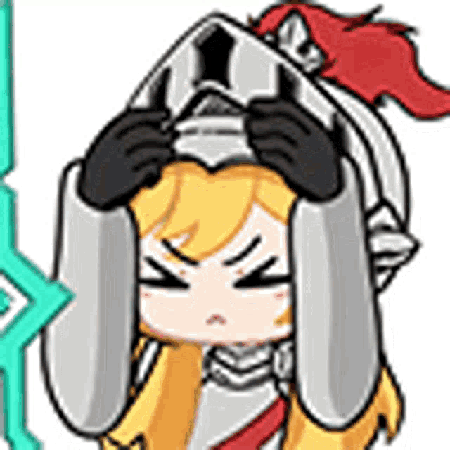 a girl in a knight 's armor is holding her head .