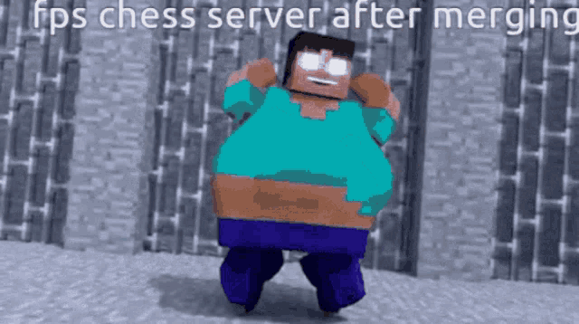 a minecraft character is standing in front of a brick wall with the words fps chess server after merging