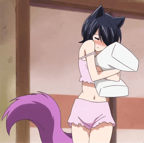 a girl with a purple tail holds a pillow