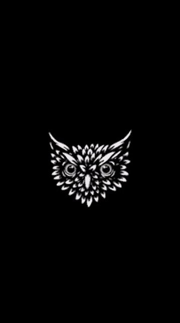 a black background with a white owl with green eyes and wings