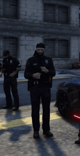 a police officer stands in front of a car in a video game scene