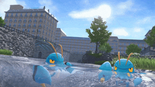two blue cartoon characters are swimming in a river in front of a building