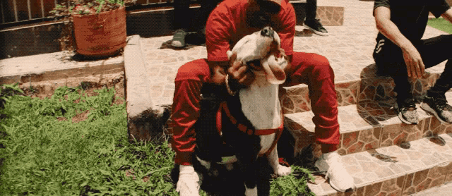 a man in red pants is kneeling down with a dog