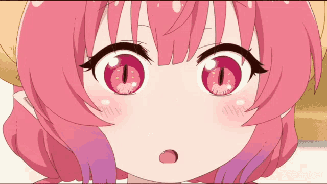 a close up of a pink anime character with a surprised look