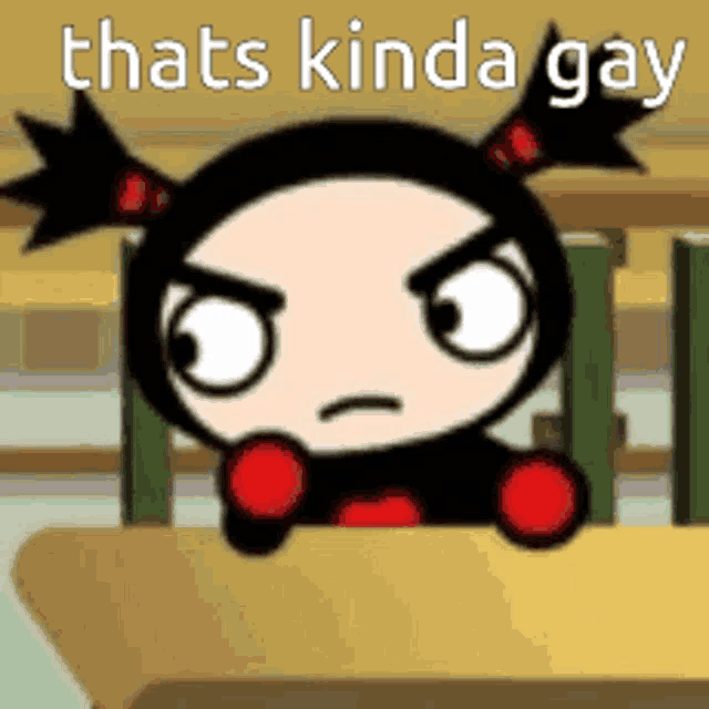 a cartoon character with a very angry face and the words `` thats kinda gay ''