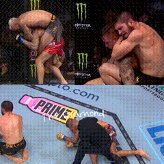 a collage of three pictures of a boxing match with a bottle of prine on the bottom right