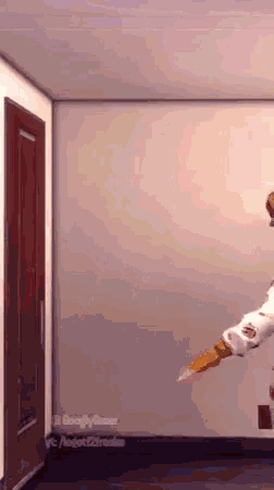 a cartoon character is jumping in the air in a room with a door