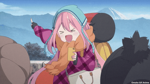 a girl with pink hair is holding a cell phone and the words omake gif anime are below her