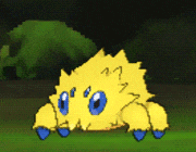 a yellow cartoon character with blue eyes is standing in a grassy field