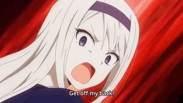 a girl with white hair and blue eyes is screaming with the words get off my back