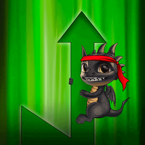 a dragon wearing a red headband holds a green arrow pointing up