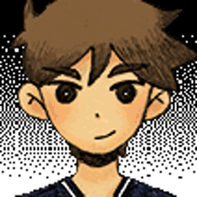 a pixel art of a boy with brown hair and a choker .