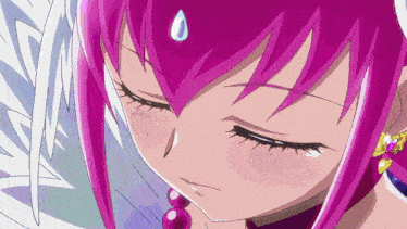 a close up of a pink haired anime character