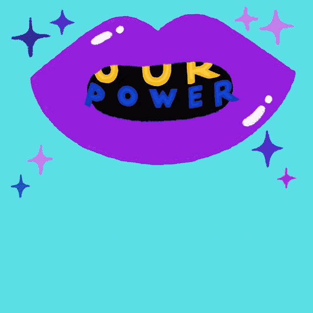 an illustration of purple lips with the words our voice our vote our power coming out of them