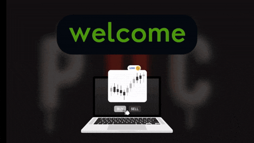 a laptop with a green welcome button on it