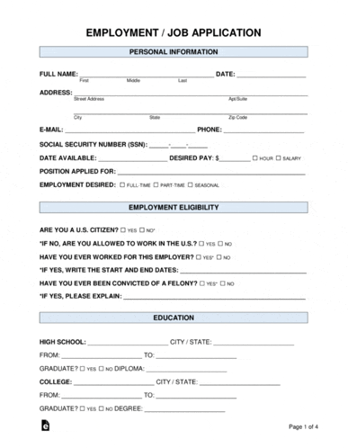 an employment / job application with a list of personal information and employment eligibility .