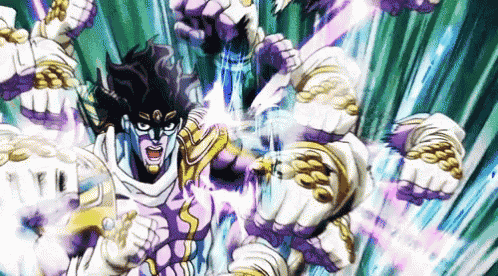 star platinum from jojo 's bizarre adventure is being attacked by a bunch of purple gloves .