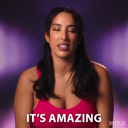 a woman in a pink top says it 's amazing on a purple background