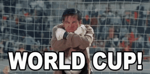 a man is standing in front of a soccer net with his arms crossed and says world cup !