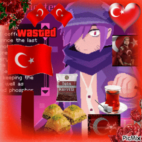 a picture of a boy with purple hair and a bag of turkish coffee