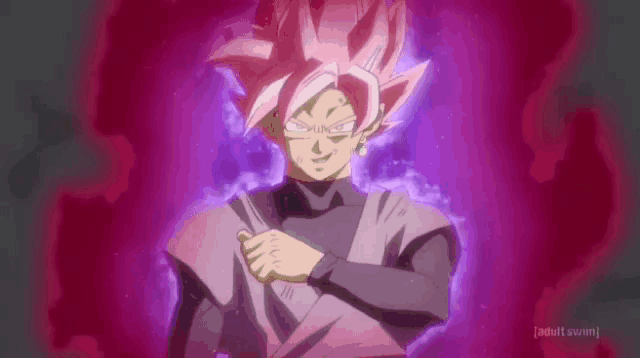 a man with pink hair and a black shirt is holding a knife .