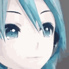 a close up of a anime girl 's face with blue hair .